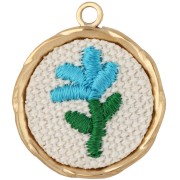 23 mm Round Embroidered Pendant - Flower Pattern - Gold-Plated 304 Stainless Steel x1