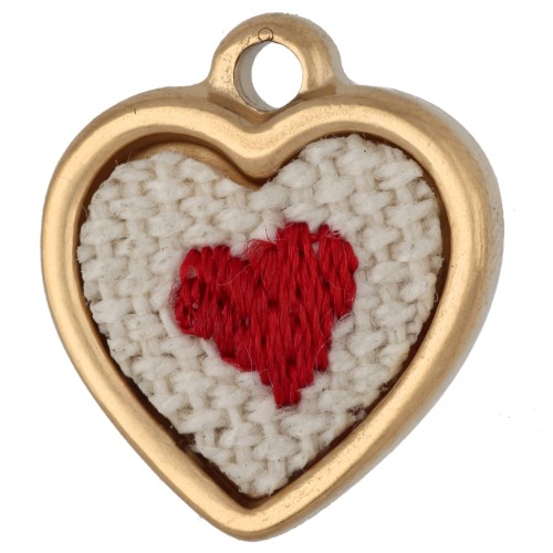 Embroidered Heart Charm, 16x14 mm - Heart Pattern - Gold-Plated 304 Stainless Steel x1
