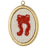 Oval embroidered pendant, 26x18 mm - bow pattern - Gold-plated 304 stainless steel x1
