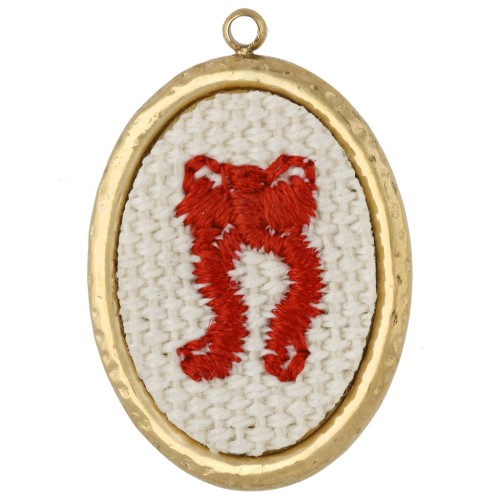 Oval embroidered pendant, 26x18 mm - bow pattern - Gold-plated 304 stainless steel x1