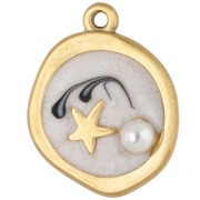 Irregularly shaped round charm, 20x16 mm - star pattern - Gold-plated 304 stainless steel - White