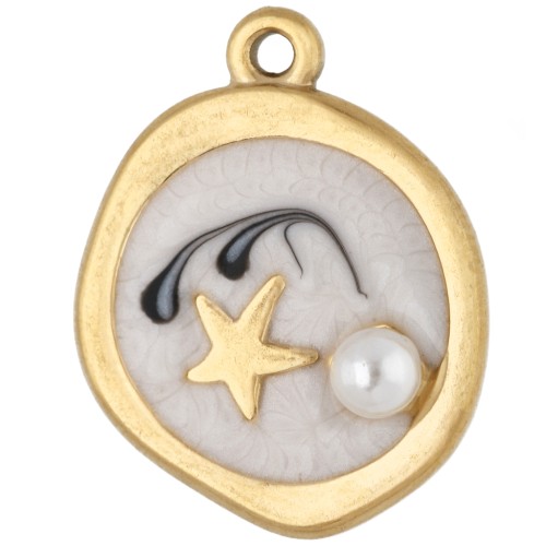 Irregularly shaped round charm, 20x16 mm - star pattern - Gold-plated 304 stainless steel - White