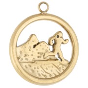 15 mm Round Charm - Mountain Runner Pattern - 316 Stainless Steel, Gold-Plated x1