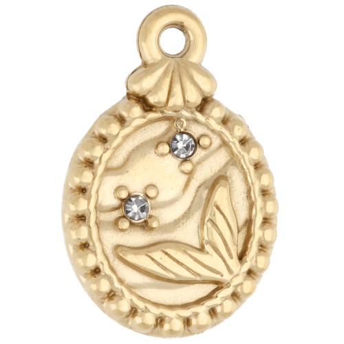 Oval charm, 16.5 x 11 mm, with a nautical pattern and rhinestones—Gold-plated 304 stainless steel x1