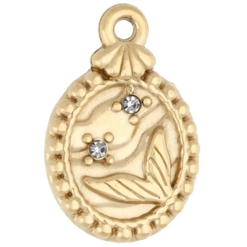 Oval charm, 16.5 x 11 mm, with a nautical pattern and rhinestones—Gold-plated 304 stainless steel x1