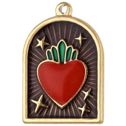 21x14 mm arch-shaped pendant with Ex-voto pattern and epoxy resin - Gold-plated 304 stainless steel - Brown