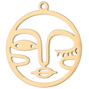 16 mm Round Charm - Face Pattern - Gold-Plated 316L Stainless Steel x1