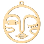 16 mm Round Charm - Face Pattern - Gold-Plated 316L Stainless Steel x1