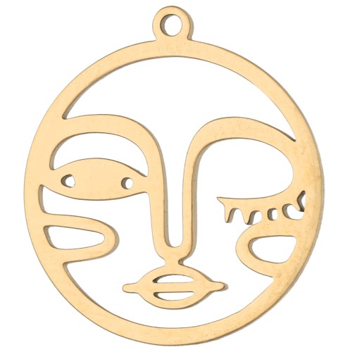 16 mm Round Charm - Face Pattern - Gold-Plated 316L Stainless Steel x1