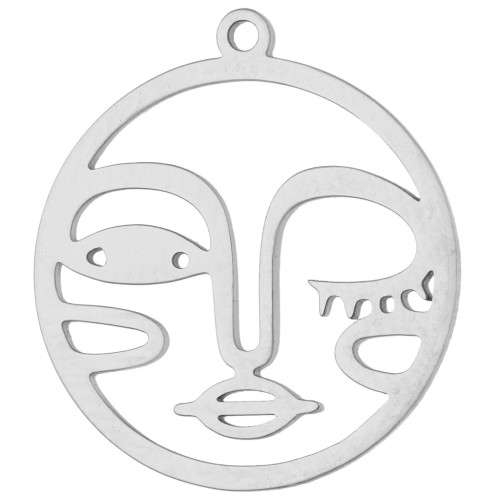 16 mm Round Charm - Face Pattern - 316L Stainless Steel x1