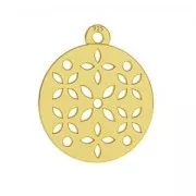 Round charm flower 15 mm Sterling Silver gold tone plated x1