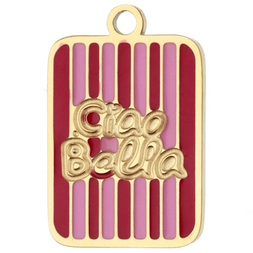 Rectangular Charm, 16.5 x 11 mm - Ciao Bella - Gold-Plated 316L Stainless Steel - Red - Pink
