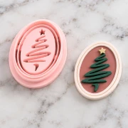 Oval cookie cutter, 25x18 mm - Christmas tree pattern - made of biodegradable polymer - Beige, 1 piece