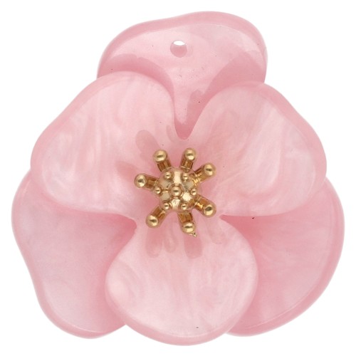 30 mm Acrylic 3D Flower Pendants, Stainless Steel, Light Pink Marbled, Rose Gold (Set of 2)