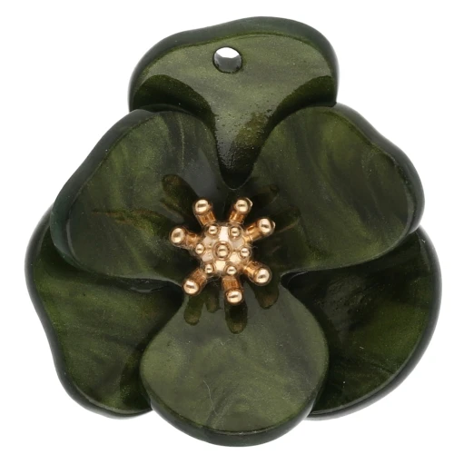 30 mm Acrylic 3D Flower Pendants - Gold-Plated Stainless Steel - Marbled Khaki x2