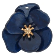 30 mm Acrylic 3D Flower Pendants - Gold-Plated Stainless Steel with Marbled Royal Blue x2