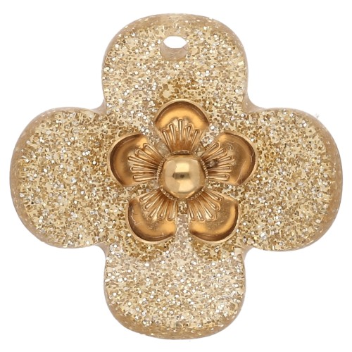 26 mm Acrylic Flower Pendants - Gold-Plated Stainless Steel - Glitter Gold x2