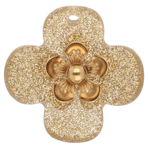 26 mm Acrylic Flower Pendants - Gold-Plated Stainless Steel - Glitter Gold x2