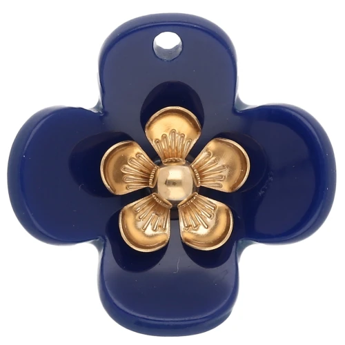 26 mm Acrylic Flower Pendants - Gold-Plated Stainless Steel - Dark Blue x2