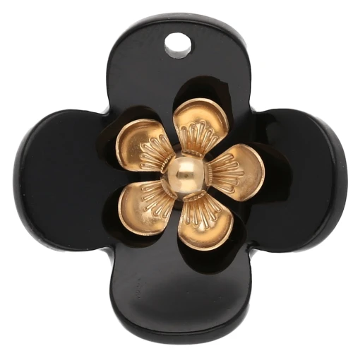 26 mm Acrylic Flower Pendants - Gold-Plated Stainless Steel - Black x2