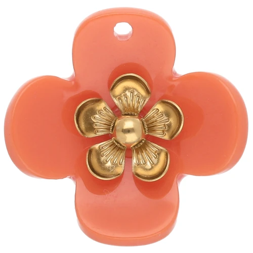 26 mm Acrylic Flower Pendants - Gold-Plated Stainless Steel - Orange x2