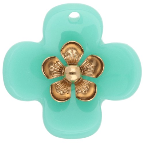 26 mm Acrylic Flower Pendants - Gold-Plated Stainless Steel - Turquoise (2)