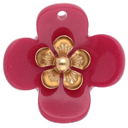 26 mm Acrylic Flower Pendants - Gold-Plated Stainless Steel - Raspberry x2