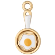Frying Pan and Fried Egg Pendant, 21x10 mm - Gold-Plated 304 Stainless Steel - White - Yellow