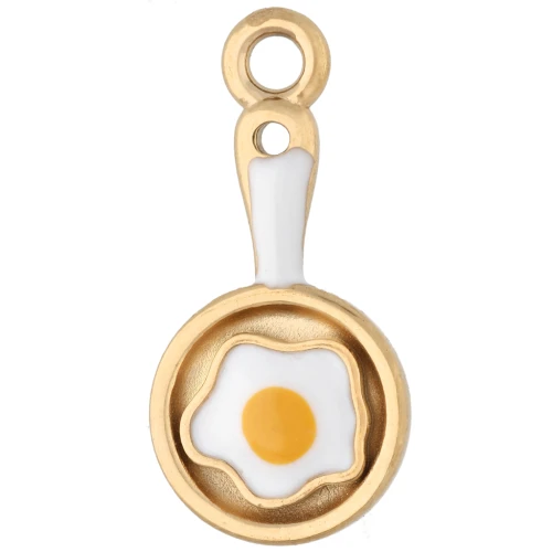 Frying Pan and Fried Egg Pendant, 21x10 mm - Gold-Plated 304 Stainless Steel - White - Yellow