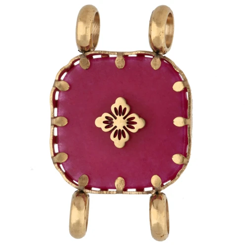 15 mm Square Spacer with Floral Design, 304 Stainless Steel, Gold-Plated - Tinted Pink Chalcedony