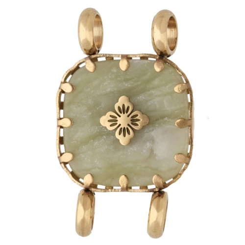 15 mm Square Spacer with Floral Design - Gold-Plated 304 Stainless Steel - Olive-Tinted Jade