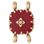 15 mm Square Spacer with Floral Design - Gold-Plated 304 Stainless Steel - Dyed Red Agate