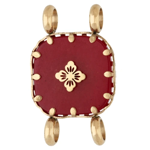 15 mm Square Spacer with Floral Design - Gold-Plated 304 Stainless Steel - Dyed Red Agate