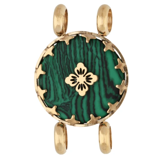 15 mm Round Spacer with Floral Design - Gold-Plated 304 Stainless Steel - Malachite Imitation