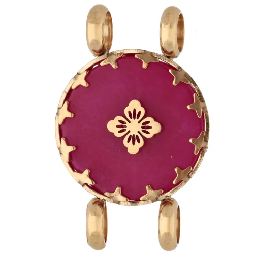 15 mm Round Spacer with Floral Design - Gold-Plated 304 Stainless Steel - Tinted Pink Chalcedony