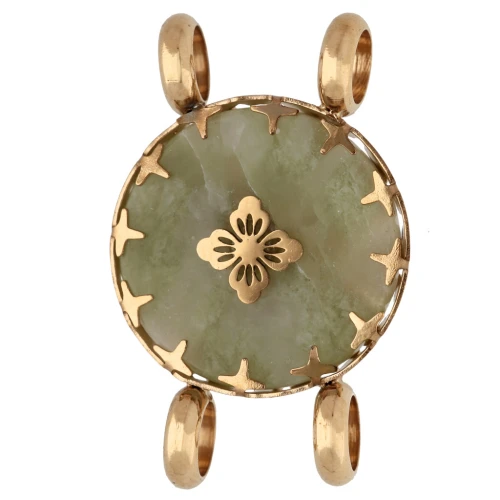 15 mm Round Spacer with Floral Design - Gold-Plated 304 Stainless Steel - Olive-Tinted Jade