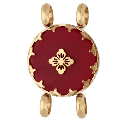 15 mm Round Spacer with Floral Design - Gold-Plated 304 Stainless Steel - Dyed Red Agate