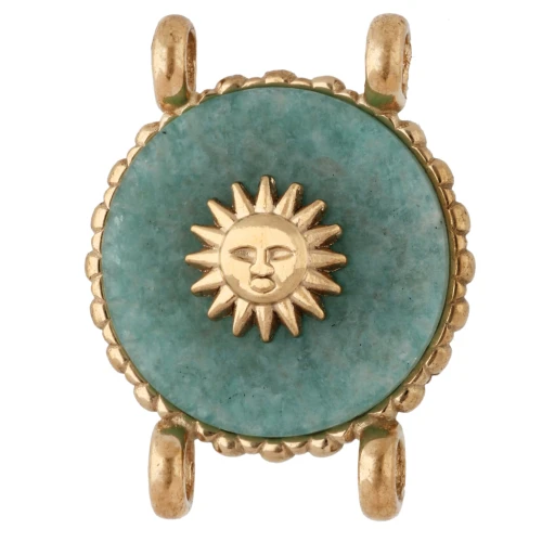 14 mm Round Spacer with Sun Design - Gold-Plated 304 Stainless Steel - Amazonite