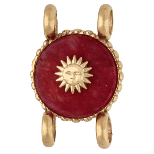 14 mm Round Spacer with Sun Design - Gold-Plated 304 Stainless Steel - Dyed Red Agate