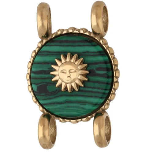 14 mm Round Spacer with Sun Design - Gold-Plated 304 Stainless Steel - Malachite Imitation