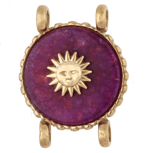 14 mm Round Spacer with Sun Design, 304 Stainless Steel, Gold-Plated - Dyed Purple Agate
