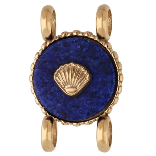 14mm Round Spacer with Seashell Design, 304 Stainless Steel, Gold-Plated - Dyed Lapis Lazuli
