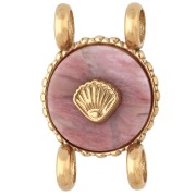 14 mm Round Spacer with Seashell Design - Gold-Plated 304 Stainless Steel - Rhodonite