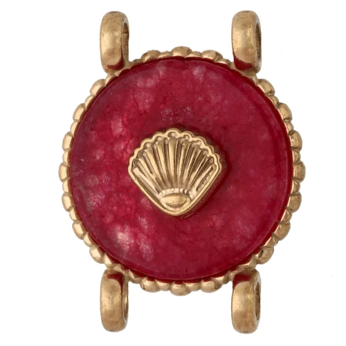 14 mm Round Spacer with Seashell Design, 304 Stainless Steel, Gold-Plated - Dyed Red Agate