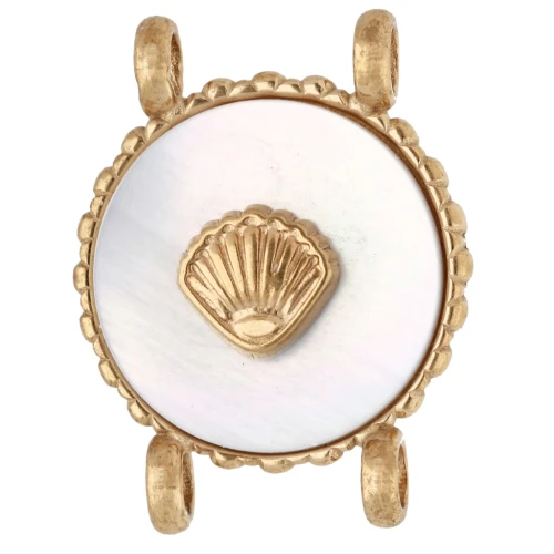 14 mm Round Spacer with Seashell Design - Gold-Plated 304 Stainless Steel - Mother-of-Pearl