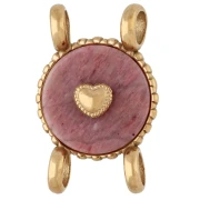 14 mm Round Spacer with Heart Design - Gold-Plated 304 Stainless Steel - Rhodonite