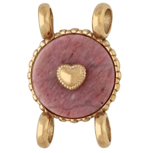 14 mm Round Spacer with Heart Design - Gold-Plated 304 Stainless Steel - Rhodonite
