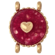 14 mm Round Spacer with Heart Design - Gold-Plated 304 Stainless Steel - Dyed Red Agate