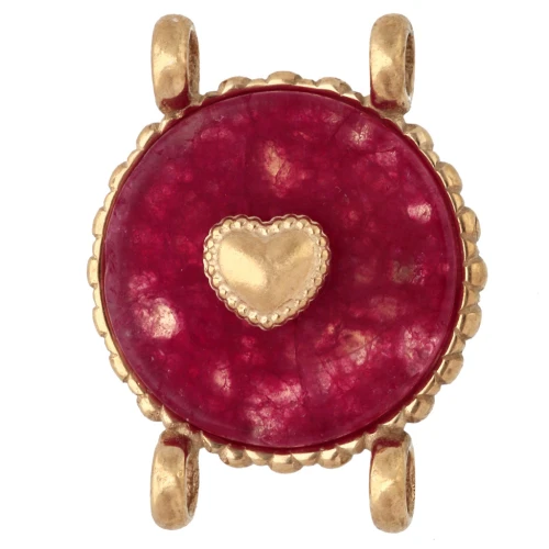 14 mm Round Spacer with Heart Design - Gold-Plated 304 Stainless Steel - Dyed Red Agate