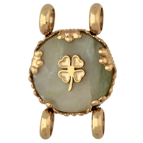 14 mm Round Spacer with Clover Design - Gold-Plated 304 Stainless Steel - Olive Jade
